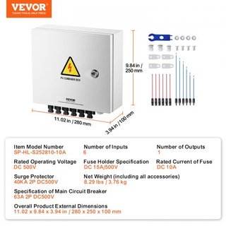 Caja combinadora PV, 6 cadenas, Caja combinadora solar con fusible de corriente nominal de 10A, interruptor de circuito de 63A, pararrayos y conector solar, caja de acero para sistema de paneles s...