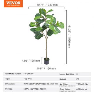 Árbol Fiddle Leaf Fig Artificial, 5 FT, Material PE Seguro y Protección Antivuelco de Baja Mantenimiento, Planta Falsa Realista Verde en Maceta para Decoración de Hogar, Oficina, Almacén, Interior...