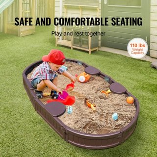 Caja de arena con cubierta, 72 x 41.5 x 9.1 in Caja de arena ovalada, foso de arena HDPE con 4 asientos en las esquinas y forro inferior, caja de arena para niños para el patio trasero al aire lib...