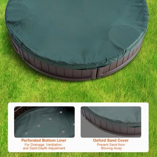 Caja de arena con cubierta, 72 x 41.5 x 9.1 in Caja de arena ovalada, foso de arena HDPE con 4 asientos en las esquinas y forro inferior, caja de arena para niños para el patio trasero al aire lib...