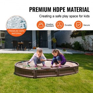 Caja de arena con cubierta, 72 x 41.5 x 9.1 in Caja de arena ovalada, foso de arena HDPE con 4 asientos en las esquinas y forro inferior, caja de arena para niños para el patio trasero al aire lib...