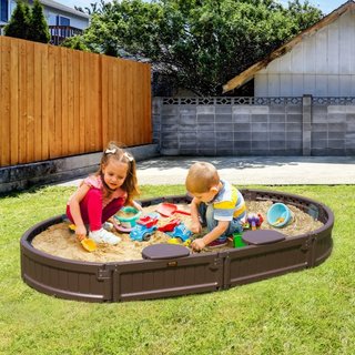 Caja de arena con cubierta, 72 x 41.5 x 9.1 in Caja de arena ovalada, foso de arena HDPE con 4 asientos en las esquinas y forro inferior, caja de arena para niños para el patio trasero al aire lib...