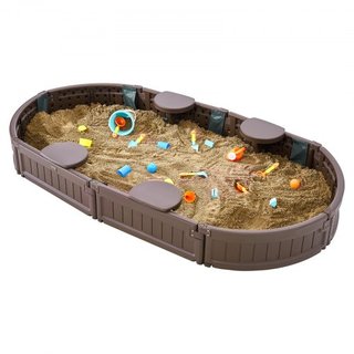 Caja de arena con cubierta, 72 x 41.5 x 9.1 in Caja de arena ovalada, foso de arena HDPE con 4 asientos en las esquinas y forro inferior, caja de arena para niños para el patio trasero al aire lib...
