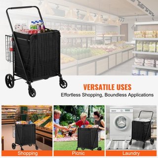 Carrito de Compras Plegable con Forro Impermeable Extraíble, Carrito de Compras Jumbo de Gran Capacidad de 149.7 kg con Doble Canasta, Ruedas Giratorias de 360°, Base de Malla Metálica Densa, Carr...