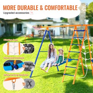 Juegos de Columpios para el Jardín, Juego de Columpios 6 en 1 con 2 Columpios, Barra de Trapecio, Escalera de Escalada, Red de Escalada y Aro de Baloncesto, Capacidad de Carga de 440 lbs, Columpio...