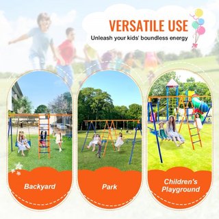 Juegos de Columpios para el Jardín, Juego de Columpios 6 en 1 con 2 Columpios, Barra de Trapecio, Escalera de Escalada, Red de Escalada y Aro de Baloncesto, Capacidad de Carga de 440 lbs, Columpio...
