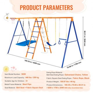 Juegos de Columpios para el Jardín, Juego de Columpios 6 en 1 con 2 Columpios, Barra de Trapecio, Escalera de Escalada, Red de Escalada y Aro de Baloncesto, Capacidad de Carga de 440 lbs, Columpio...