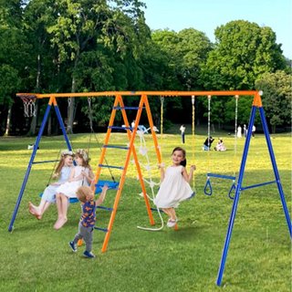 Juegos de Columpios para el Jardín, Juego de Columpios 6 en 1 con 2 Columpios, Barra de Trapecio, Escalera de Escalada, Red de Escalada y Aro de Baloncesto, Capacidad de Carga de 440 lbs, Columpio...