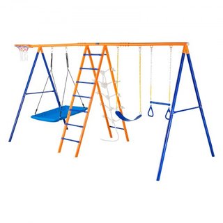 Juegos de Columpios para el Jardín, Juego de Columpios 6 en 1 con 2 Columpios, Barra de Trapecio, Escalera de Escalada, Red de Escalada y Aro de Baloncesto, Capacidad de Carga de 440 lbs, Columpio...