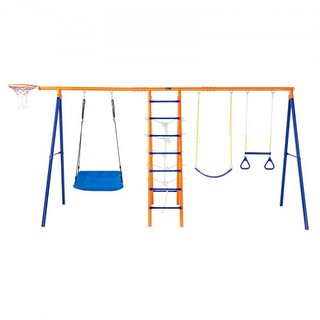 Juegos de Columpios para el Jardín, Juego de Columpios 6 en 1 con 2 Columpios, Barra de Trapecio, Escalera de Escalada, Red de Escalada y Aro de Baloncesto, Capacidad de Carga de 440 lbs, Columpio...
