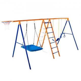 Juegos de Columpios para el Jardín, Juego de Columpios 6 en 1 con 2 Columpios, Barra de Trapecio, Escalera de Escalada, Red de Escalada y Aro de Baloncesto, Capacidad de Carga de 440 lbs, Columpio...