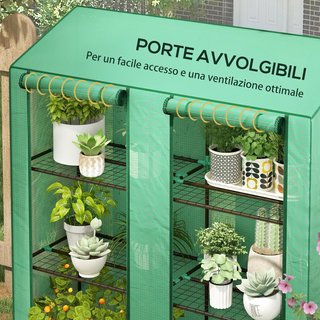 Invernadero de Jardín con Cubierta de PE y 6 Estantes de Malla, Invernadero Adosado para Balcón con 2 Puertas Enrollables, 143X46X151Cm, Verde