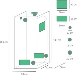 Tienda Hidropónica en Oxford 600D Con 5 Salidas de Aire Regulables y Ventana, Invernadero Hidropónico para Cultivo Con Orificio para Cables Interior, 80X80X160 Cm, Negro