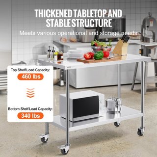 Mesa de Trabajo de Acero Inoxidable de 24 x 48 x 40 Pulgadas, Mesa de Preparación de Alimentos Comercial con Ruedas, Mesa de Trabajo Pesada, Mesa de Trabajo de Metal con Altura Ajustable para Rest...