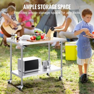 Mesa de Trabajo de Acero Inoxidable de 24 x 48 x 40 Pulgadas, Mesa de Preparación de Alimentos Comercial con Ruedas, Mesa de Trabajo Pesada, Mesa de Trabajo de Metal con Altura Ajustable para Rest...
