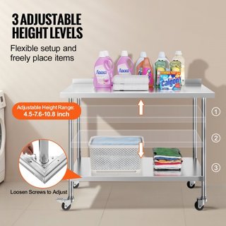 Mesa de Trabajo de Acero Inoxidable de 24 x 48 x 40 Pulgadas, Mesa de Preparación de Alimentos Comercial con Ruedas, Mesa de Trabajo Pesada, Mesa de Trabajo de Metal con Altura Ajustable para Rest...
