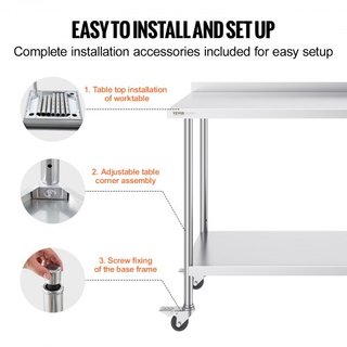 Mesa de Trabajo de Acero Inoxidable de 24 x 48 x 40 Pulgadas, Mesa de Preparación de Alimentos Comercial con Ruedas, Mesa de Trabajo Pesada, Mesa de Trabajo de Metal con Altura Ajustable para Rest...