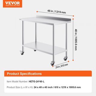 Mesa de Trabajo de Acero Inoxidable de 24 x 48 x 40 Pulgadas, Mesa de Preparación de Alimentos Comercial con Ruedas, Mesa de Trabajo Pesada, Mesa de Trabajo de Metal con Altura Ajustable para Rest...