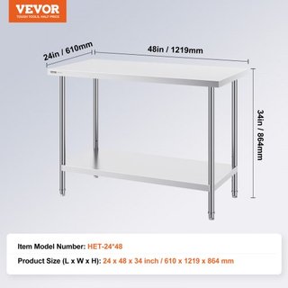 Mesa de Preparación de Trabajo de Acero Inoxidable Mesa de Trabajo Comercial Preparación de Alimentos 61x122x86 cm