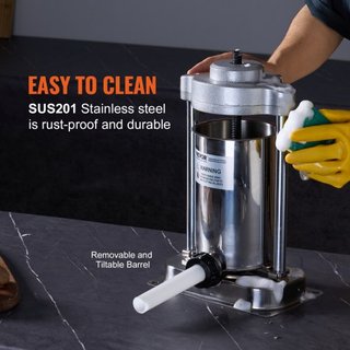 Máquina de Embutir Salchichas Manual, 2 L / 5 LBS Máquina Vertical de Embutir Salchichas con Abrazadera Tipo G, Barril de Acero Inoxidable de Grado Alimenticio 304 con 2 Tubos de Relleno, para Coc...