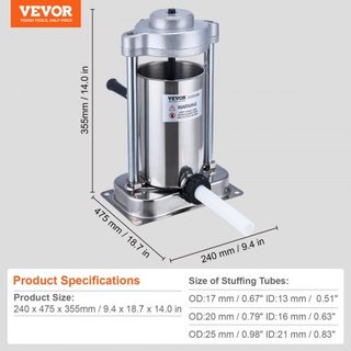 Máquina de Embutir Salchichas Manual, 2 L / 5 LBS Máquina Vertical de Embutir Salchichas con Abrazadera Tipo G, Barril de Acero Inoxidable de Grado Alimenticio 304 con 2 Tubos de Relleno, para Coc...
