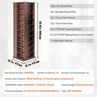 Gabinete de Almacenamiento de Medios, Torre de Medios Rotativa, Capacidad para hasta 1040 CDs, Protege y Organiza Colecciones de Música, Películas, Videojuegos o Memorabilia - Espresso
