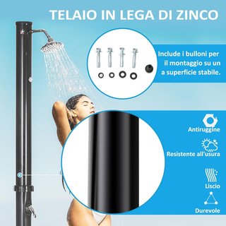 Ducha Solar De 20L Con Grifo Inferior Y Temperatura Regulable, Ducha De Jardín De Aleación De Zinc, 15.5X15.5X222 Cm, Negra