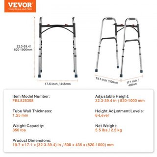 Andador Plegable, Andadores Plegables de 2 Botones con Altura Ajustable de 8 Niveles y Mangos Duraderos, Ayuda de Movilidad de Aluminio Ligero para Ancianos, Discapacitados y Personas con Movilida...
