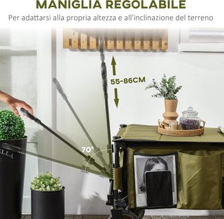Carrito De Jardín Plegable De Acero Y Tela Oxford De 125L Con Manija Regulable Y 5 Bolsas, 108X55X93 Cm, Verde