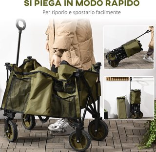 Carrito De Jardín Plegable De Acero Y Tela Oxford De 125L Con Manija Regulable Y 5 Bolsas, 108X55X93 Cm, Verde