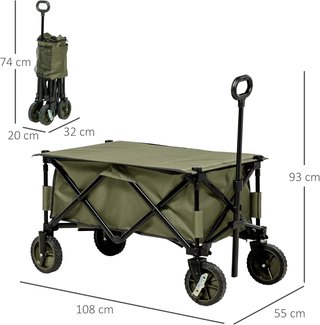Carrito De Jardín Plegable De Acero Y Tela Oxford De 125L Con Manija Regulable Y 5 Bolsas, 108X55X93 Cm, Verde