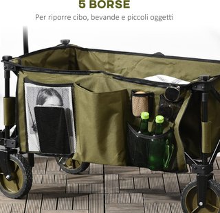 Carrito De Jardín Plegable De Acero Y Tela Oxford De 125L Con Manija Regulable Y 5 Bolsas, 108X55X93 Cm, Verde