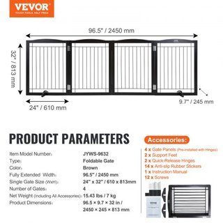Puerta para Perros Autopropulsada, 32" H x 96.5" W Puerta para Mascotas Autopropulsada, Puerta para Perros Plegable de 4 Paneles para Pasajes Anchos y Estrechos, Barrera para Perros Expandible con...