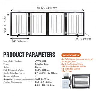 Puerta para Perros Autopropulsada, 32" H x 96.5" W Puerta para Mascotas Autopropulsada, Puerta para Perros Plegable de 4 Paneles para Pasajes Anchos y Estrechos, Barrera para Perros Expandible con...