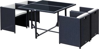Conjunto de Muebles de Jardín 5Pz Conjunto de Mesa de Comedor con 4 Sillas con Cojines Combinables en Rectángulo, Negro, 109X109X72 Cm