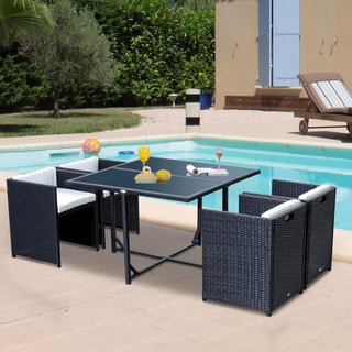 Conjunto de Muebles de Jardín 5Pz Conjunto de Mesa de Comedor con 4 Sillas con Cojines Combinables en Rectángulo, Negro, 109X109X72 Cm