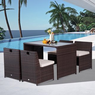 Conjunto de Muebles de Jardín de Rattan 5Pz Mesa de Comedor 4 Sillas con Cojines