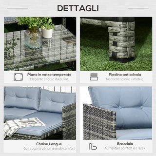 Salón De Jardín Con Sofá De 2 Plazas, Chaise Longue Y Mesa, Set De Jardín En Rattan PE Y Vidrio Con Cojines, Gris