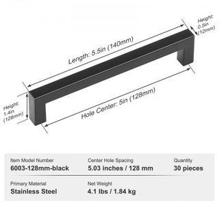 30 Pack Tiradores de Gabinete, 5.03in / 128mm Centro a Centro Tiradores de Cocina de Cajón Cuadrados Slim, Manijas de Puerta de Armario de Cocina Moderna de Acero Inoxidable para Cocina Baño Bar H...