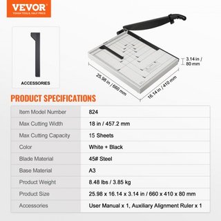 Cortadora de Papel, Trimmer Guillotina, Longitud de Corte de 457.2 mm, Capacidad de 20 Hojas, Cortadora de Papel Guillotina de Alta Resistencia con Barandilla/ Bloqueo de Cuchilla para Cartulina/C...