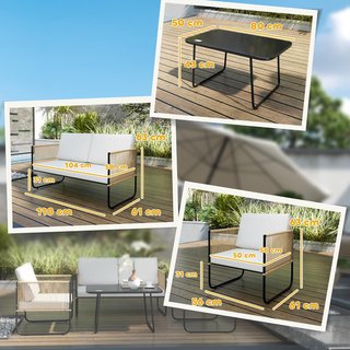 Conjunto de Muebles de Jardín de Rattan de 4 Piezas, Salón de Exterior con Sofá de 2 Plazas, 2 Sillones, Mesa Baja Rectangular y Cojines Lavables, de Acero, Color Madera y Crema