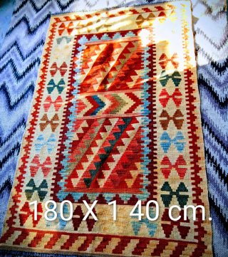 Alfombra lana Kilim beige, azul, roja
