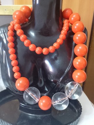 Collana sfere corallo e trasparenti