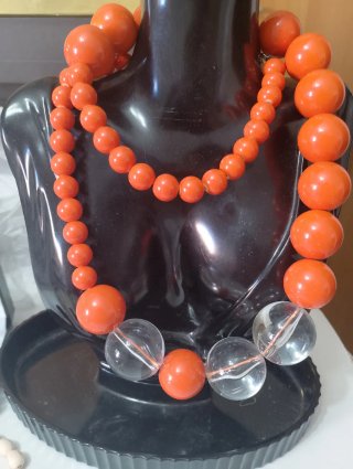 Collana sfere corallo e trasparenti