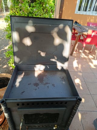 Estufa de leña metálica con puerta de cristal