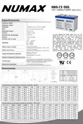Batería Gel Numax N80-12 100Ah 12V