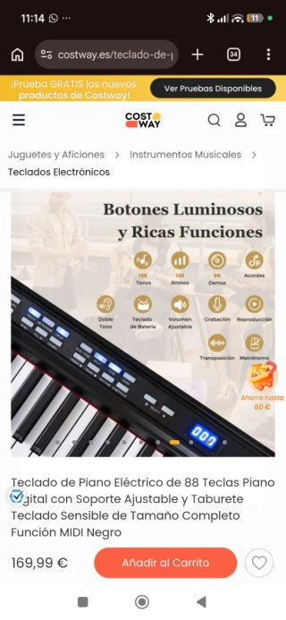 Teclado Piano Eléctrico Costway 88 Teclas