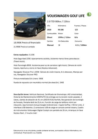 🔥 Volkswagen Golf Life 2020 2.0 Tdi 116Cv Manual