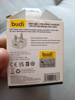 Cargador USB-C PD 20W + Cable Budi para iPhone