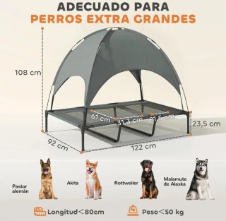 Cama elevada para mascotas con toldo gris